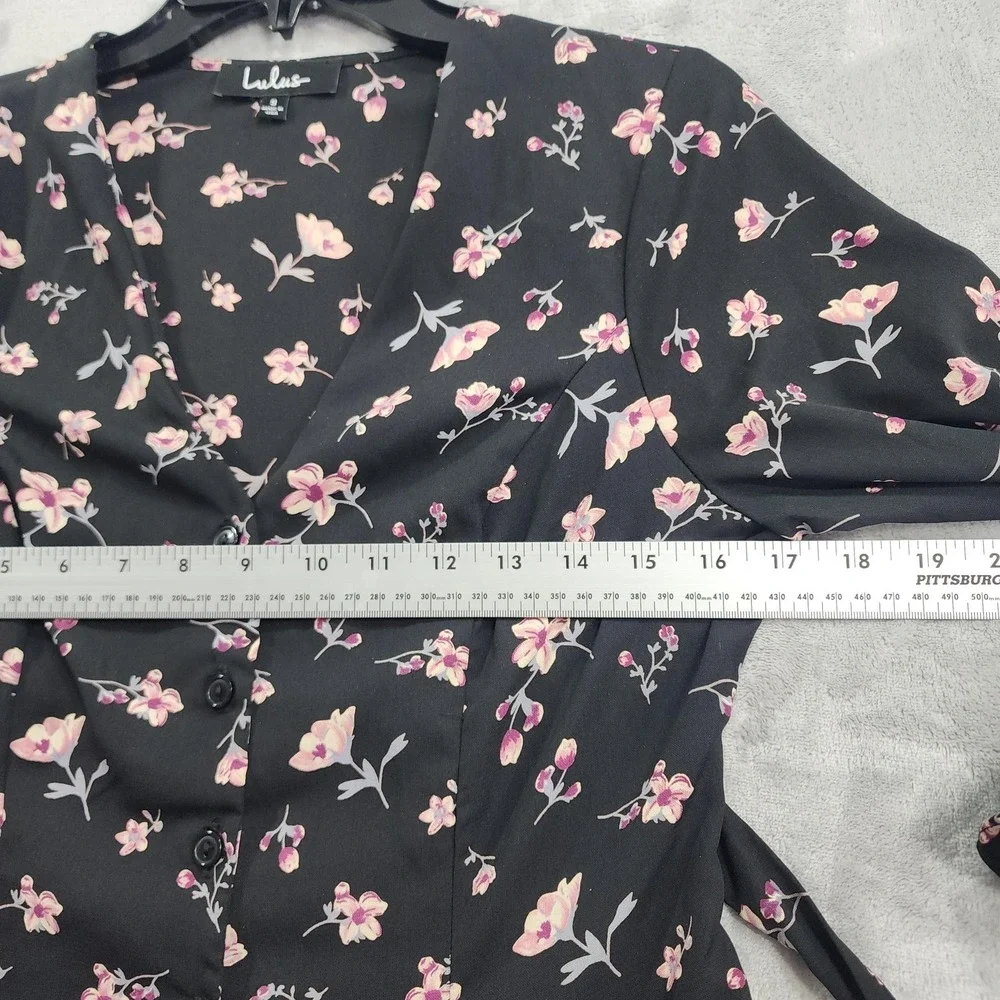 Lulus Dress Womens S Black Floral Button Front Belted Fit & Flare Mini Ruffled